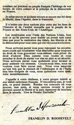 Tract largué par les avions alliés reproduisant un message radiodiffusé du Président Franklin Roosevelt adressé aux Français