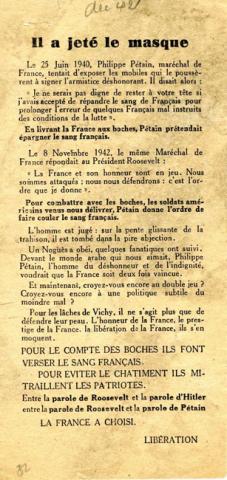Tract du mouvement Libération dénonçant le mythe du double-jeu du maréchal Pétain Tract du mouvement Libération dénonçant le mythe du double-jeu du maréchal Pétain