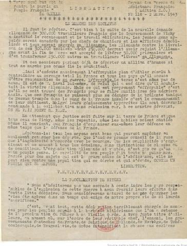 Libération-Nord, édition zone occupée, n°118 du 2 mars 1943 (BNF) Libération-Nord, édition zone occupée, n°118 du 2 mars 1943 (BNF)