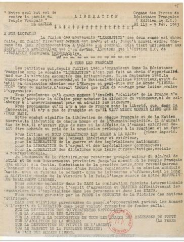 Libération, édition zone occupée, n°115 du 9 février 1943