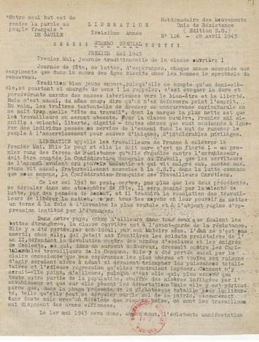 Libération, édition de zone occupée, n°126 du 28 avril 1943 - page 1 (BNF)