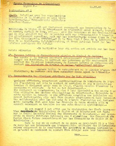 Instruction n°1 du commandement militaire des Forces françaises de l’Intérieur (recto) Instruction n°1 du commandement militaire des Forces françaises de l’Intérieur (recto)