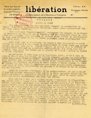 Libération, n°144, édition zone nord du 31 août 1943 (page 1)