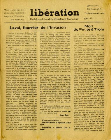 Libération n°149, édition zone nord du 5 octobre 1943 (page 1)