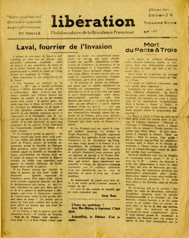 Libération n°149, édition zone nord du 5 octobre 1943 (page 1) Libération n°149, édition zone nord du 5 octobre 1943 (page 1)