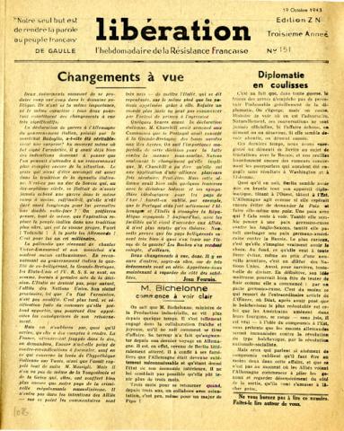 Libération, n°151, édition zone nord du 19 octobre 1943 (page 1)