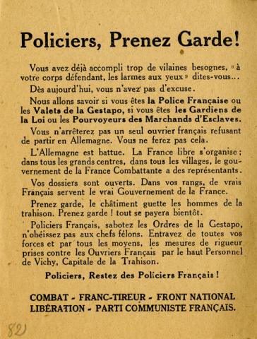 Tract de la Résistance mettant en garde les policiers collaborateurs
