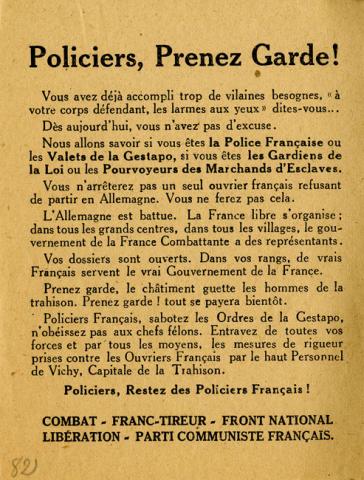 Tract de la Résistance mettant en garde les policiers collaborateurs