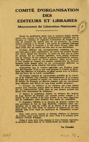 Tract annonçant la création d’un Comité de représentants des éditeurs et libraires