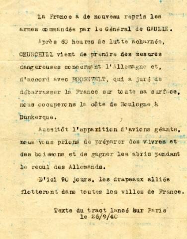 Tract lancé sur Paris le 26 septembre 1940 évoquant les mesures prises par Churchill et Roosevelt pour débarrasser la France des Allemands Tract lancé sur Paris le 26 septembre 1940 évoquant les mesures prises par Churchill et Roosevelt pour débarrasser la France des Allemands