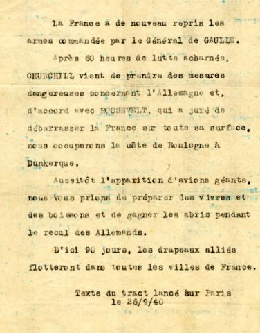 Tract lancé sur Paris le 26 septembre 1940 évoquant les mesures prises par Churchill et Roosevelt pour débarrasser la France des Allemands