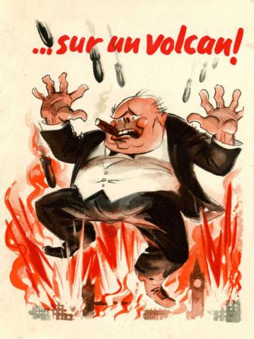 Tract de propagande anti- anglaise ironisant sur Winston Churchill dansant sur un volcan
