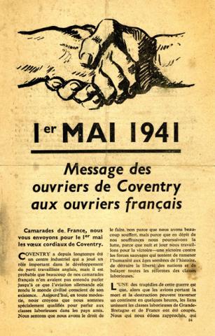 Message de soutien et de solidarité des ouvriers de Coventry aux ouvriers français à l’occasion du 1er mai 1941 (recto) Message de soutien et de solidarité des ouvriers de Coventry aux ouvriers français à l’occasion du 1er mai 1941