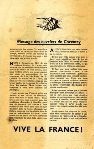 Message de soutien et de solidarité des ouvriers de Coventry aux ouvriers français à l’occasion du 1er mai 1941