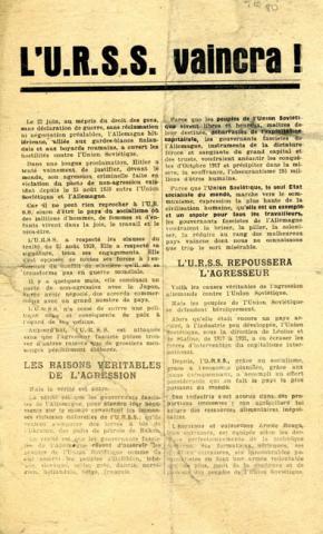 Tract de l’Association française des Amis de l’URSS, condamnant l’agression allemande contre l’URSS le 22 juin 1941 Tract de l’Association française des Amis de l’URSS, condamnant l’agression allemande contre l’URSS le 22 juin 1941