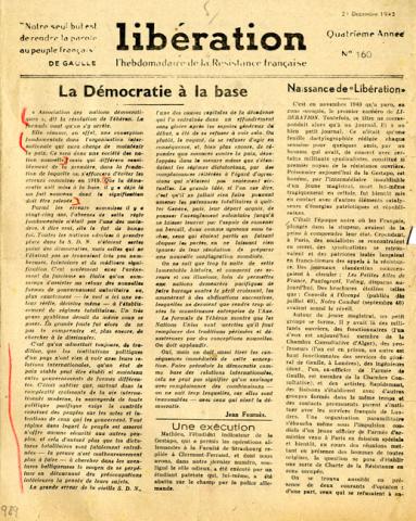Journal "Libération l'hebdomadaire des Français libres", n°160 (page1) Journal "Libération l'hebdomadaire des Français libres", n°160