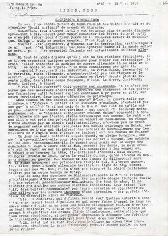 Journal "Libération, L'Hebdomadaire des Français libres", n°67 (recto) Journal "Libération, L'Hebdomadaire des Français libres", n°67