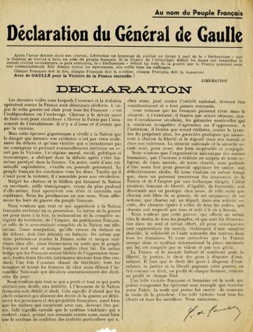Texte intégral de la Déclaration du général de Gaulle (Musée de la Résistance nationale, Champigny-sur-Marne)