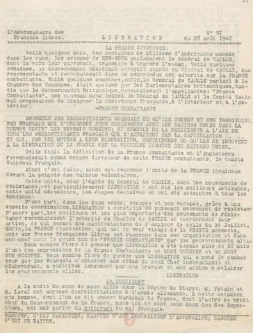 Libération, n°91 du 28 août 1942 (BNF) Libération, n°91 du 28 août 1942