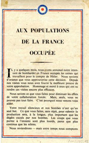 Tract allié de remerciement adressé aux résistants français Tract allié de remerciement adressé aux résistants français