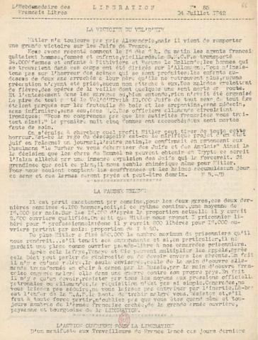 Libération, n°85 du 24 juillet 1942 (BNF) Libération, n°85 du 24 juillet 1942