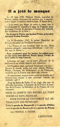 Tract du mouvement Libération dénonçant le mythe du double-jeu du maréchal Pétain