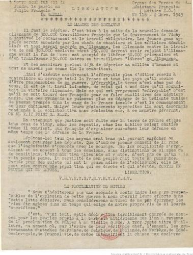 Libération-Nord, édition zone occupée, n°118 du 2 mars 1943 (BNF) Libération-Nord, édition zone occupée, n°118 du 2 mars 1943 (BNF)