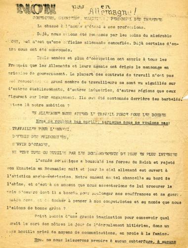 Tract du mouvement Libération-Nord faisant pression sur les comédiens...