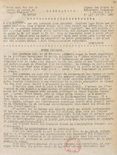 Libération, édition zone occupée, n°117 du 23 février 1943