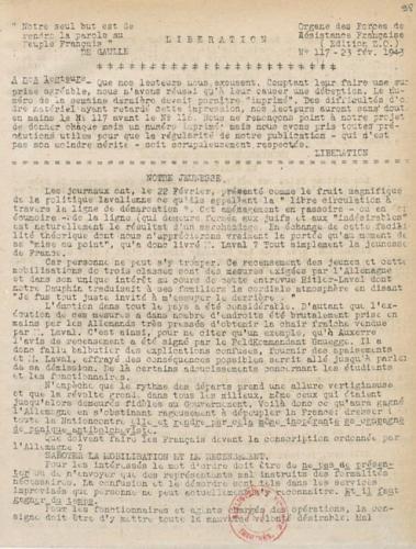 Libération, édition zone occupée, n°117 du 23 février 1943 Libération, édition zone occupée, n°117 du 23 février 1943