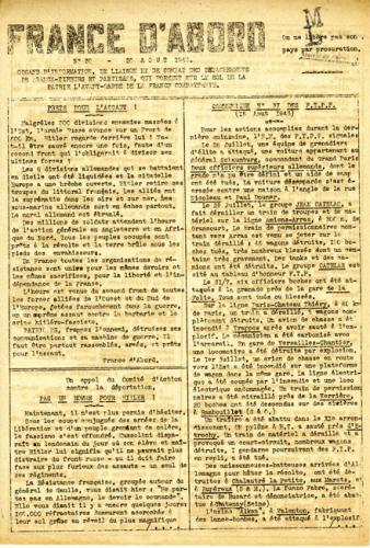 Journal France d’abord n°30 du 20 août 1943 (recto) Journal France d’abord n°30 du 20 août 1943 (recto)
