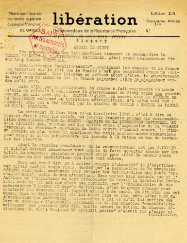 Libération, n°144, édition zone nord du 31 août 1943 (page 1)