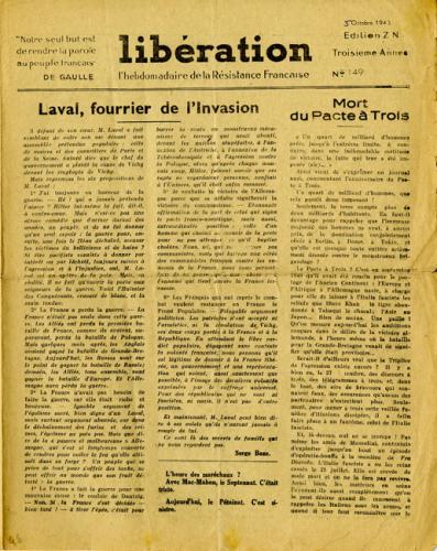 Libération n°149, édition zone nord du 5 octobre 1943 (page 1) Libération n°149, édition zone nord du 5 octobre 1943 (page 1)