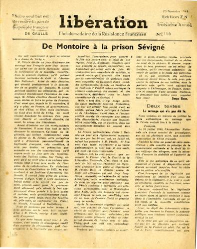 Libération, n°156, édition zone nord du 23 novembre 1943 (page 1) Libération, n°156, édition zone nord du 23 novembre 1943 (page 1)