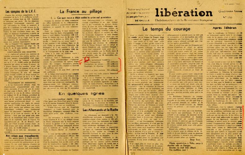 Libération, n°159, édition zone nord du 14 décembre 1943 (pages 1-4) Libération, n°159, édition zone nord du 14 décembre 1943 (pages 1-4)