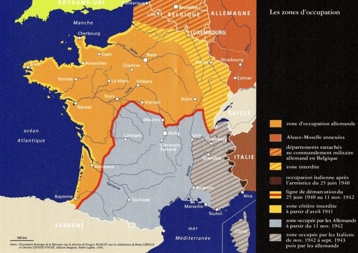 Carte de France représentant les zones d'occupation