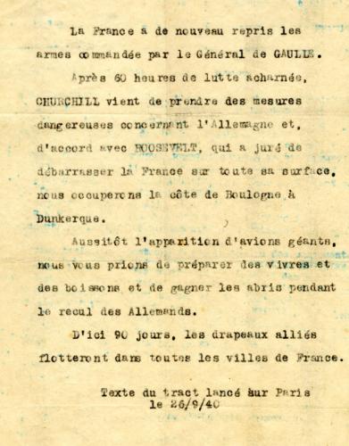 Tract lancé sur Paris le 26 septembre 1940 évoquant les mesures prises par Churchill et Roosevelt pour débarrasser la France des Allemands