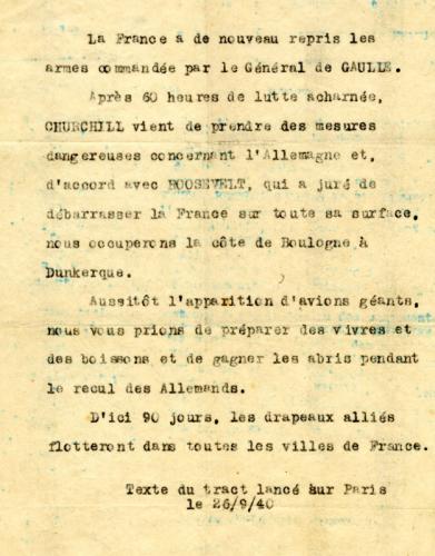 Tract lancé sur Paris le 26 septembre 1940 évoquant les mesures prises par Churchill et Roosevelt pour débarrasser la France des Allemands