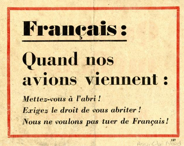 Tract anglais avertissant la population française des bombardements de l’aviation britannique visant les entreprises travaillant pour l’Allemagne (verso)