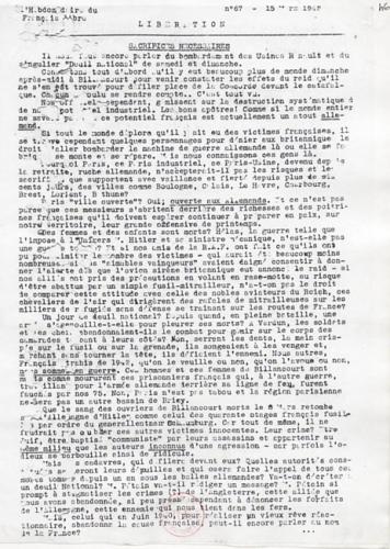 Journal "Libération, L'Hebdomadaire des Français libres", n°67 (recto) Journal "Libération, L'Hebdomadaire des Français libres", n°67
