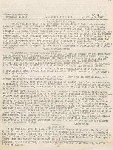 Libération, n°91 du 28 août 1942 (BNF) Libération, n°91 du 28 août 1942