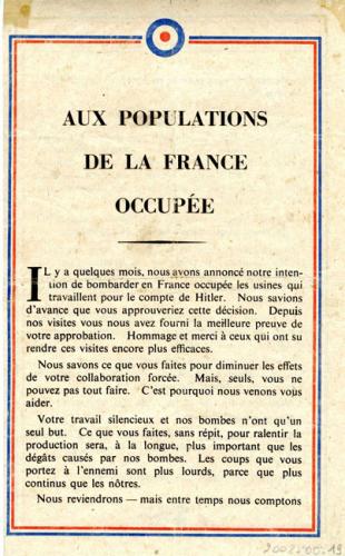 Tract allié de remerciement adressé aux résistants français Tract allié de remerciement adressé aux résistants français