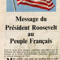 Tract largué par les avions alliés reproduisant un message radiodiffusé du Président Franklin Roosevelt adressé aux Français