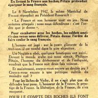 Tract du mouvement Libération dénonçant le mythe du double-jeu du maréchal Pétain